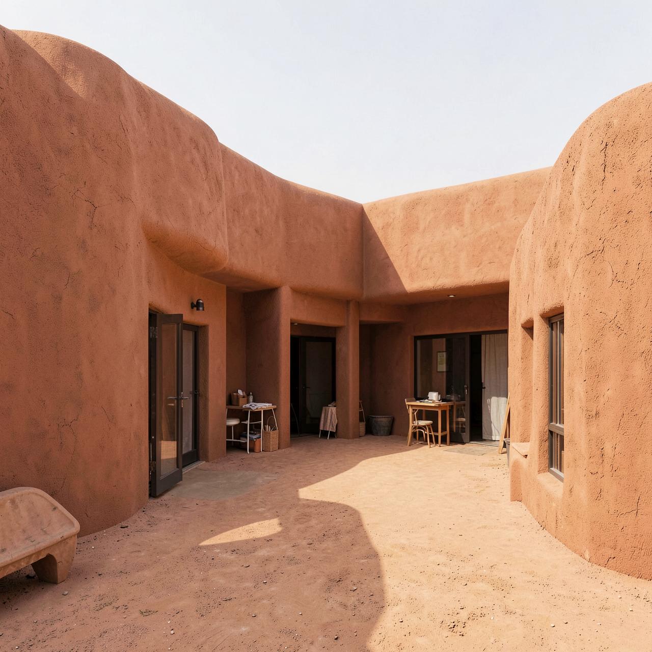 Artists' residence courtyard framed by studio openings and planted shade