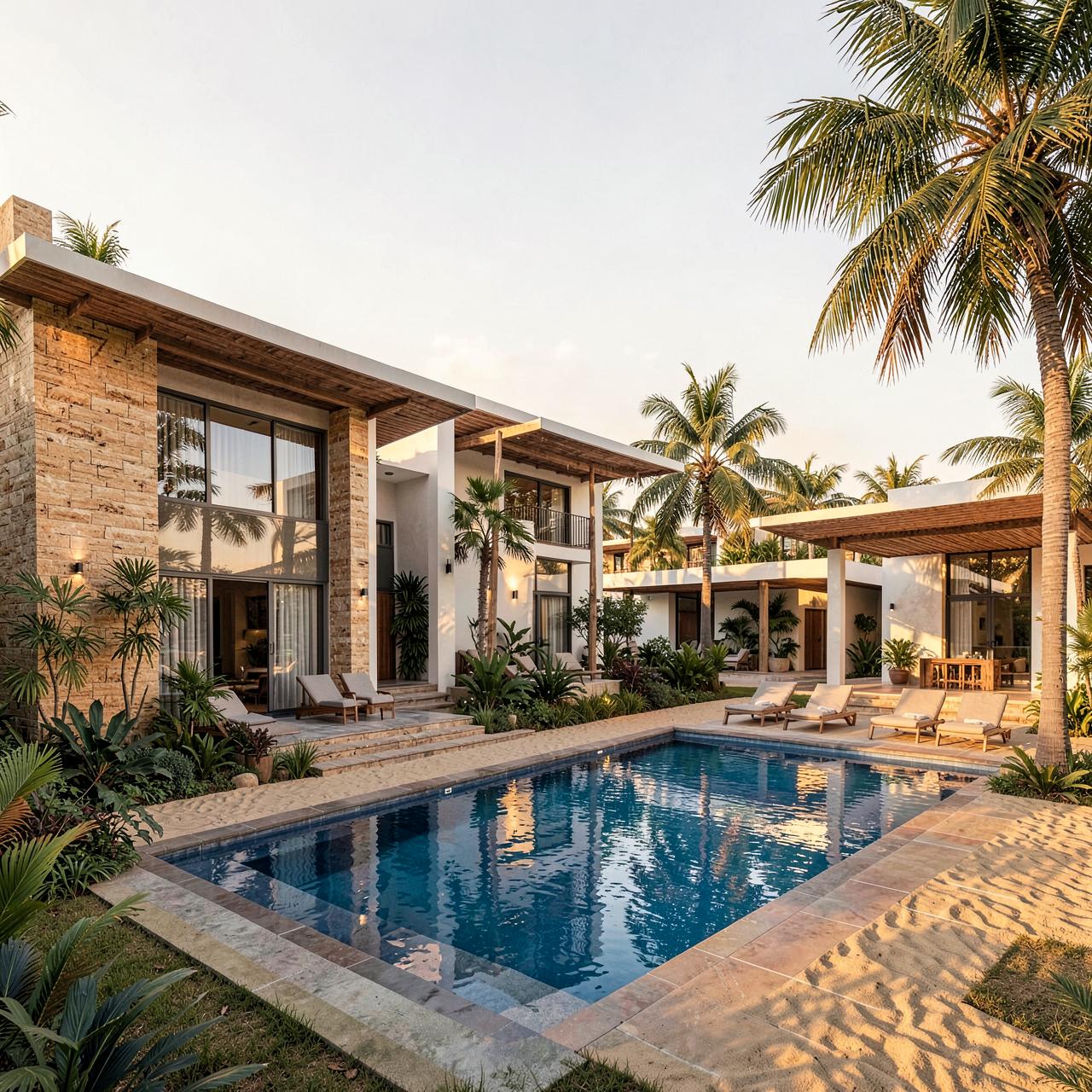 Coastal residential complex with low terraces opening toward the water