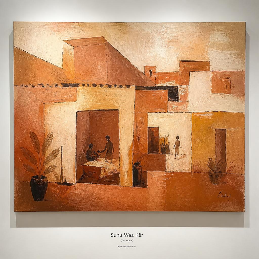 Painting from the Sunu Waa Kër series in warm ochre and earthen tones